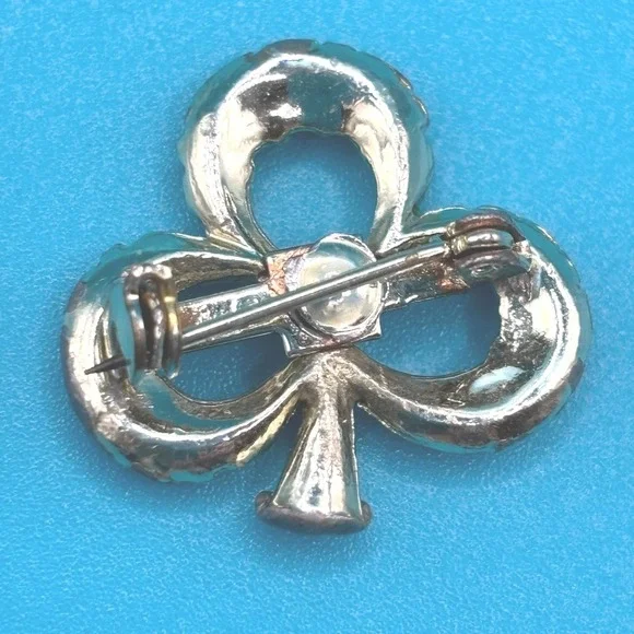 Vintage Green Clover Pin Brooch Rhinestone Lucky Charm READ - Picture 3 of 8
